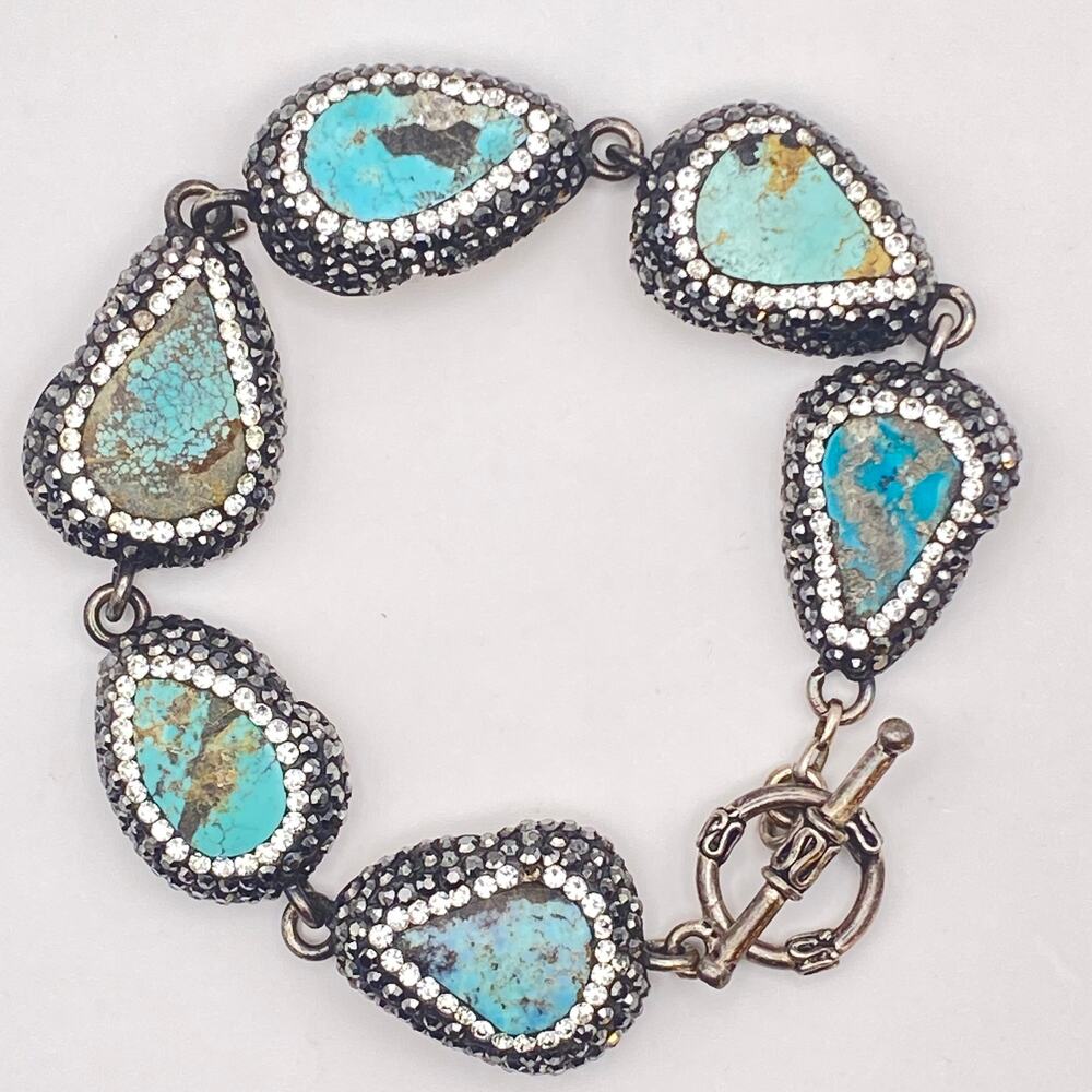 Vintage Kingman Turquoise 925 Sterling Silver Crystal Marcasite Toggle Bracelet